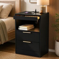 Stylish Black Nightstand with Charging Station and LED