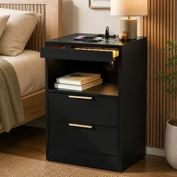 Stylish Black Nightstand with Charging Station and LED