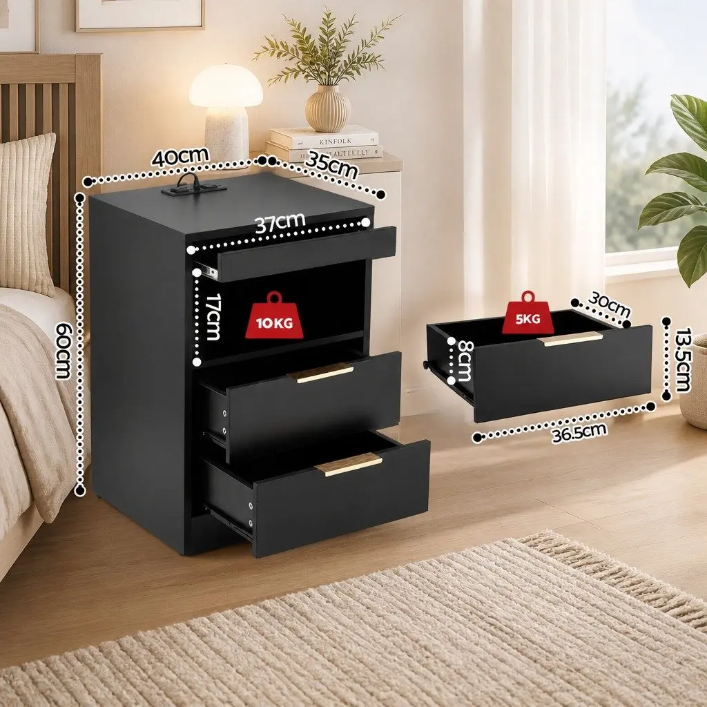 Bedside Table Particle Board 40cm W x 35cm D x 60cm H Black with Charging Station 2 Drawers LED