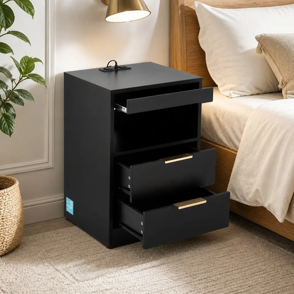 Bedside Table Particle Board 40cm W x 35cm D x 60cm H Black with Charging Station 2 Drawers LED