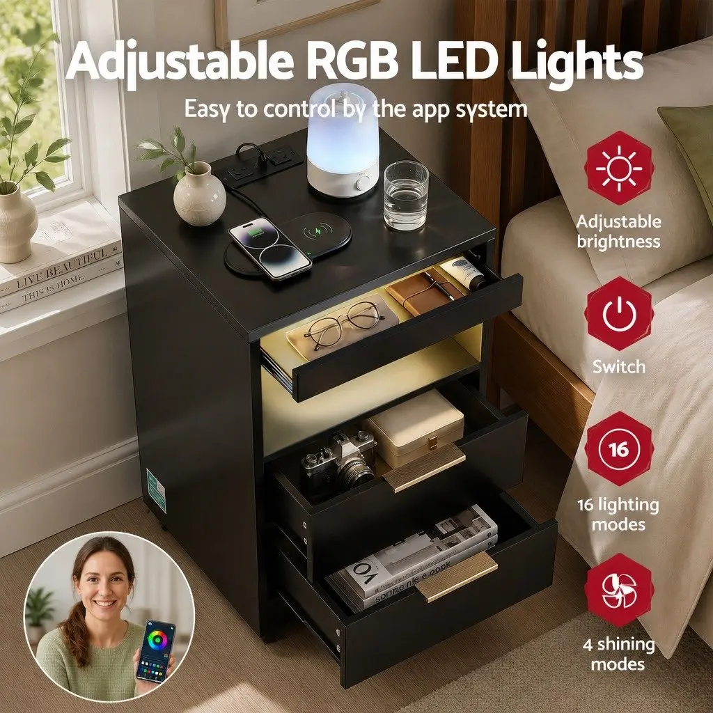 Bedside Table Particle Board 40cm W x 35cm D x 60cm H Black with Charging Station 2 Drawers LED