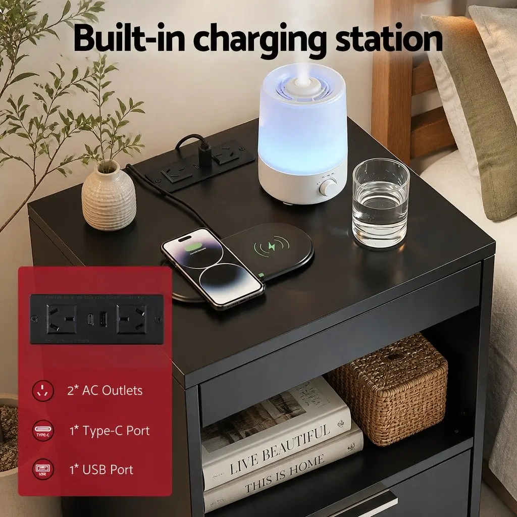 Bedside Table Particle Board 40cm W x 35cm D x 60cm H Black with Charging Station 2 Drawers LED