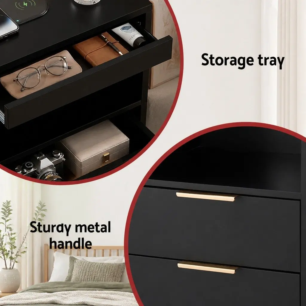 Bedside Table Particle Board 40cm W x 35cm D x 60cm H Black with Charging Station 2 Drawers LED