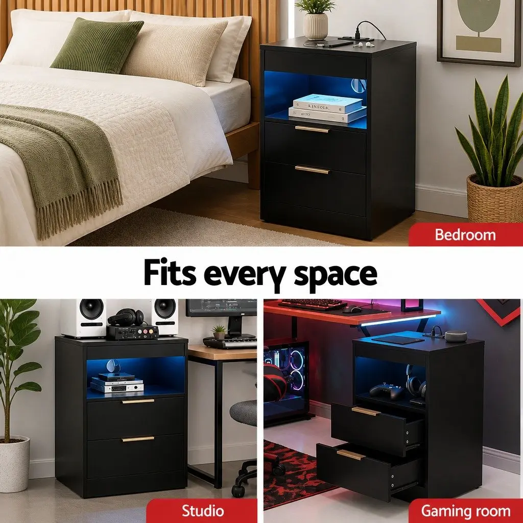 Bedside Table Particle Board 40cm W x 35cm D x 60cm H Black with Charging Station 2 Drawers LED