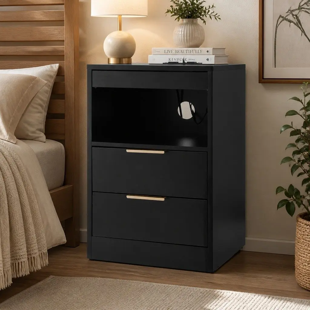 Bedside Table Particle Board 40cm W x 35cm D x 60cm H Black with Charging Station 2 Drawers LED