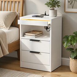 White LED Nightstand with Charging Station and Drawers