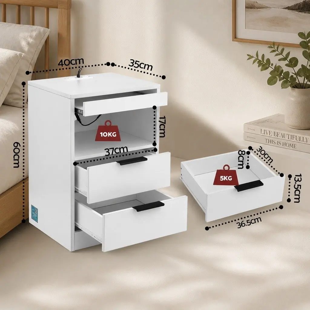 Bedside Table Particle Board 40cm x 35cm x 60cm White with LED Lighting and Charging Station 2 Drawers