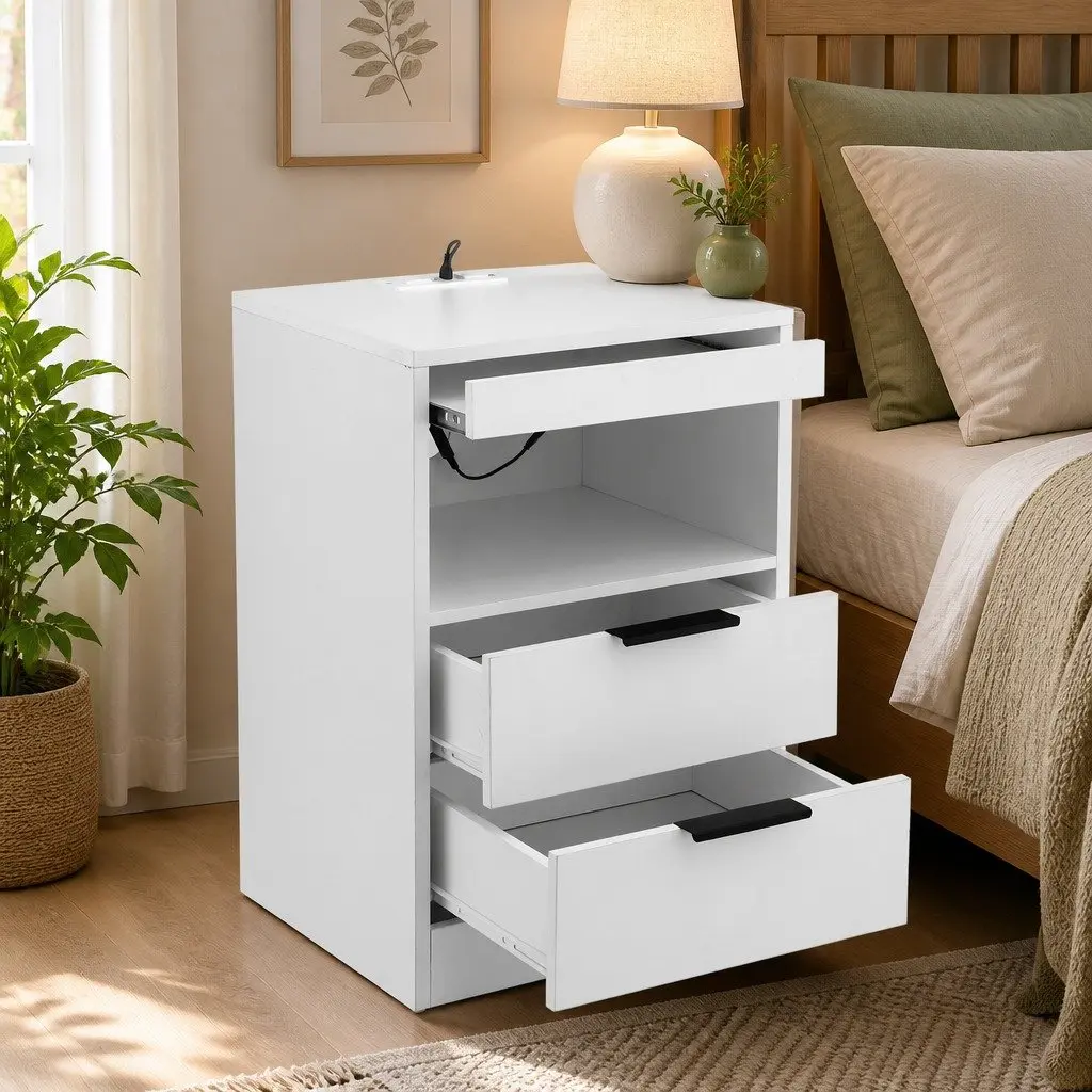 Bedside Table Particle Board 40cm x 35cm x 60cm White with LED Lighting and Charging Station 2 Drawers
