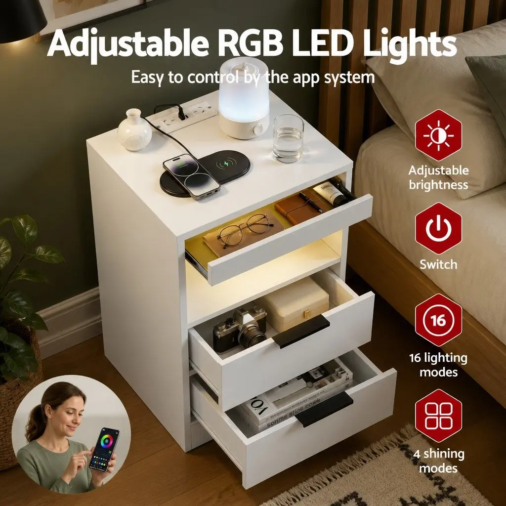 Bedside Table Particle Board 40cm x 35cm x 60cm White with LED Lighting and Charging Station 2 Drawers