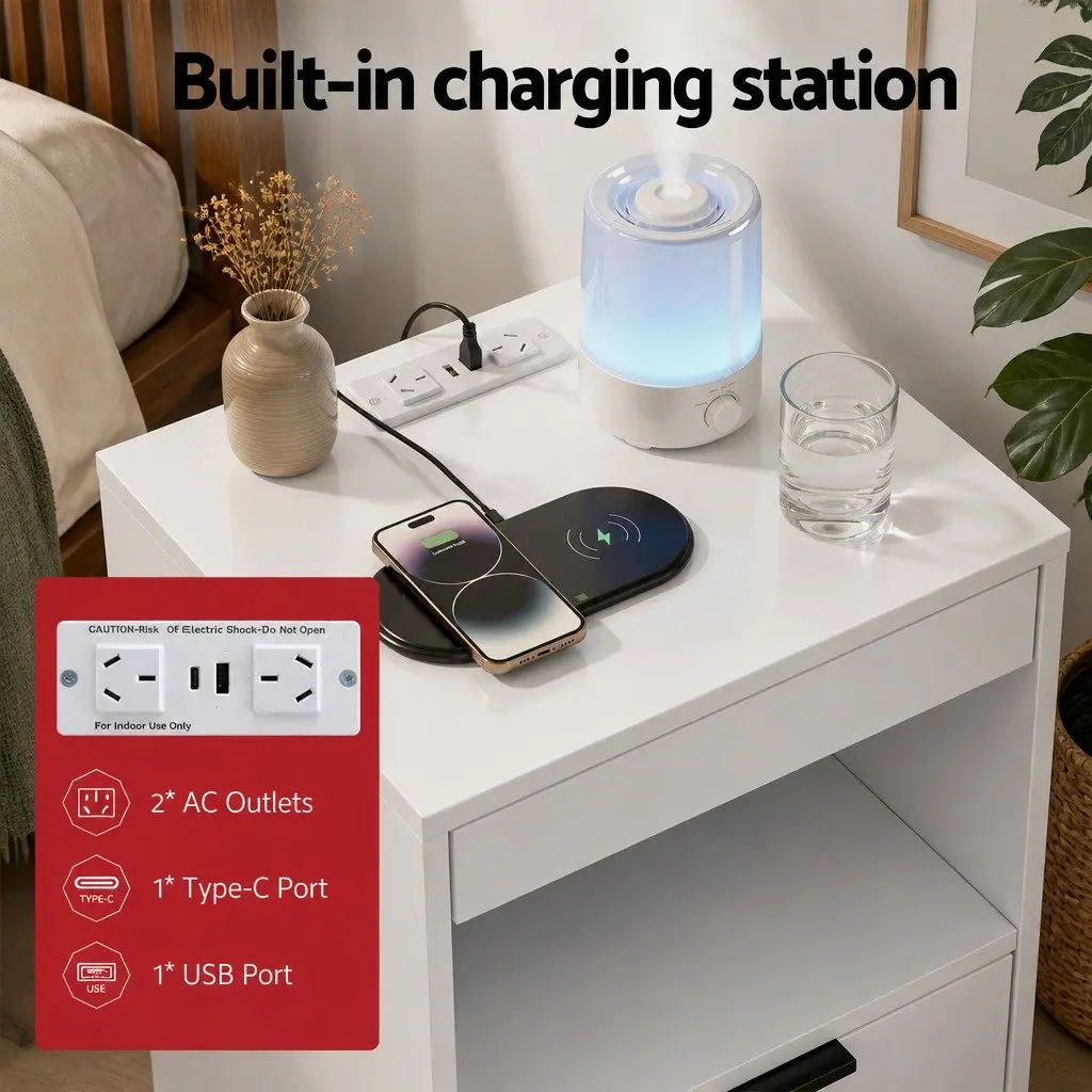 Bedside Table Particle Board 40cm x 35cm x 60cm White with LED Lighting and Charging Station 2 Drawers