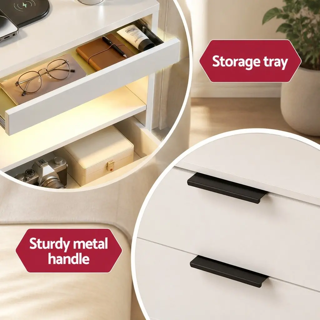 Bedside Table Particle Board 40cm x 35cm x 60cm White with LED Lighting and Charging Station 2 Drawers