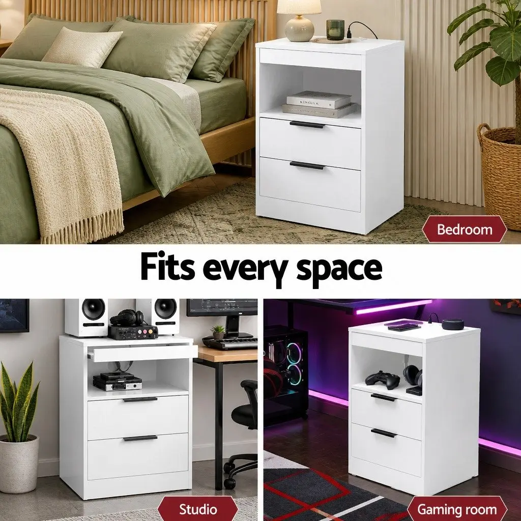 Bedside Table Particle Board 40cm x 35cm x 60cm White with LED Lighting and Charging Station 2 Drawers