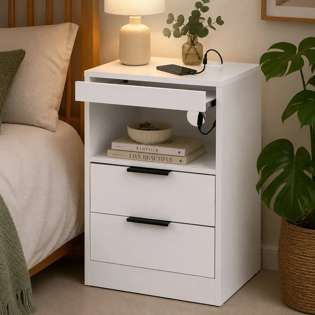 Bedside Table Particle Board 40cm x 35cm x 60cm White with LED Lighting and Charging Station 2 Drawers