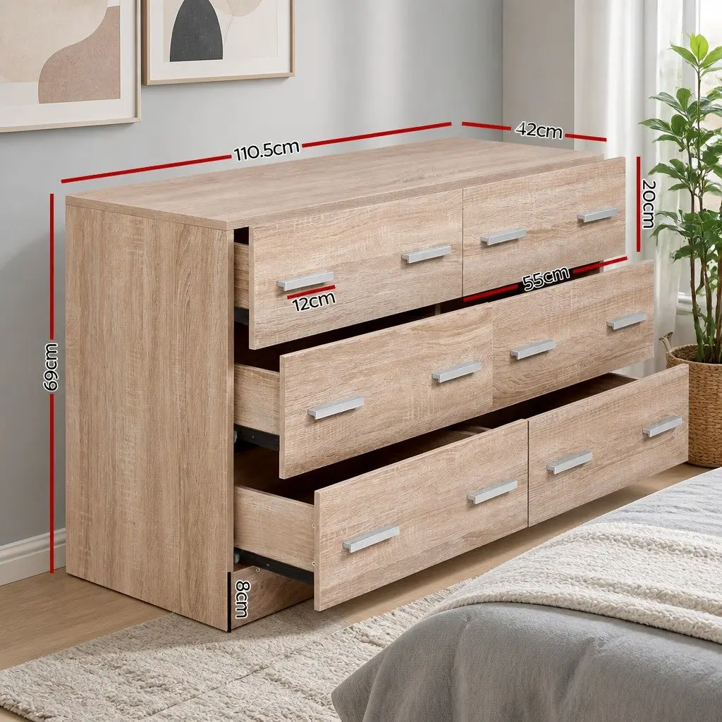 6 Drawer Pine Wood Chest for Bedroom Storage