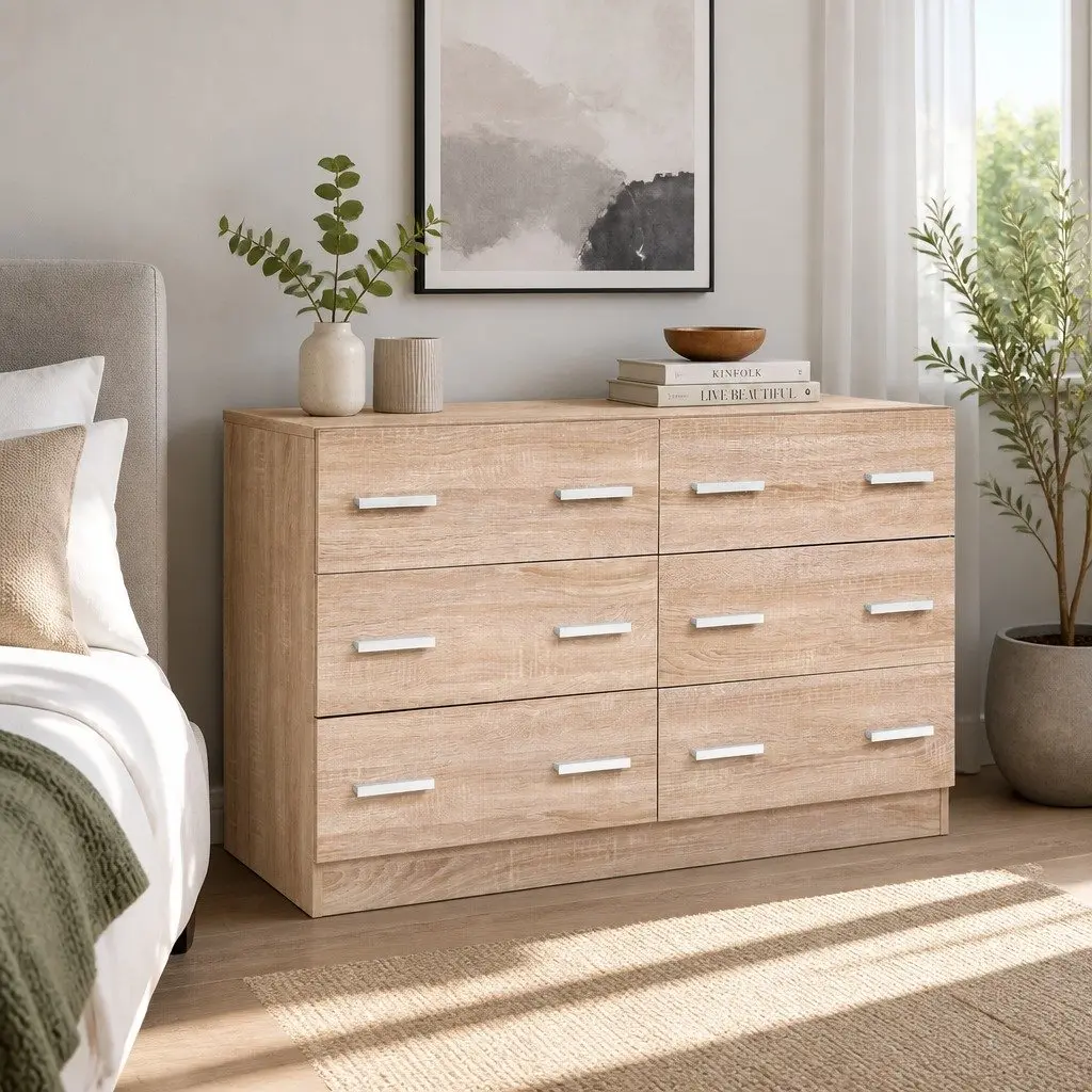 6 Drawer Pine Wood Chest for Bedroom Storage