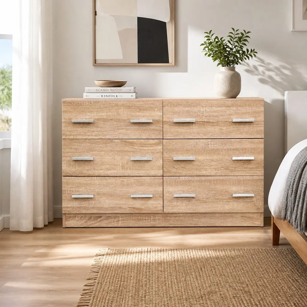 6 Drawer Pine Wood Chest for Bedroom Storage