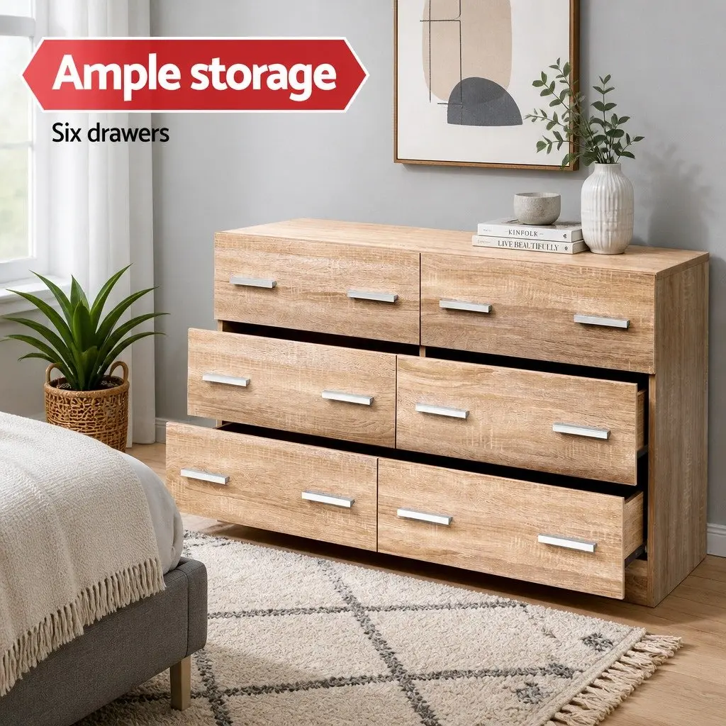 6 Drawer Pine Wood Chest for Bedroom Storage