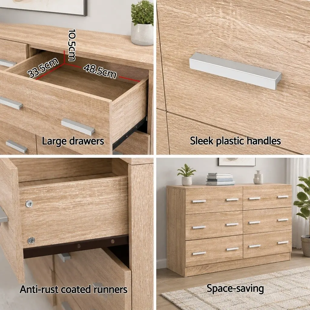 6 Drawer Pine Wood Chest for Bedroom Storage