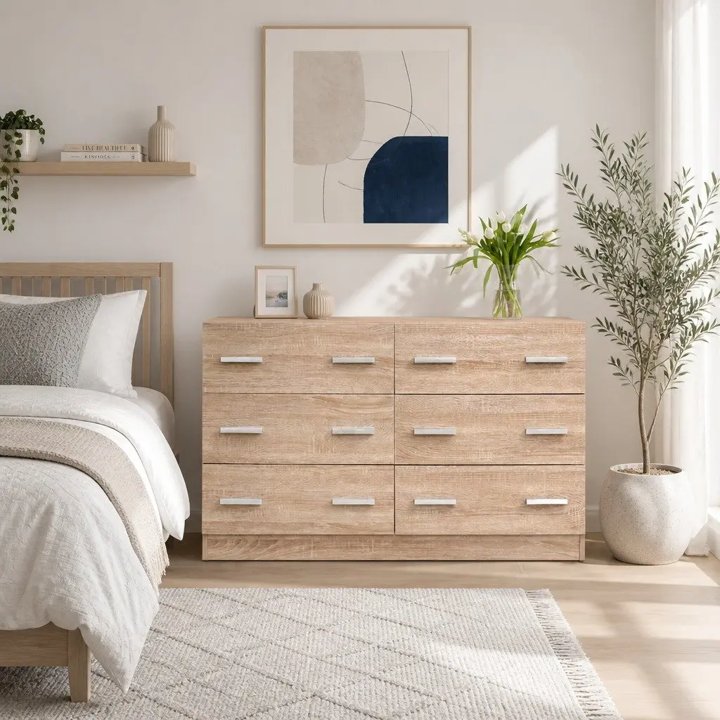 6 Drawer Pine Wood Chest for Bedroom Storage