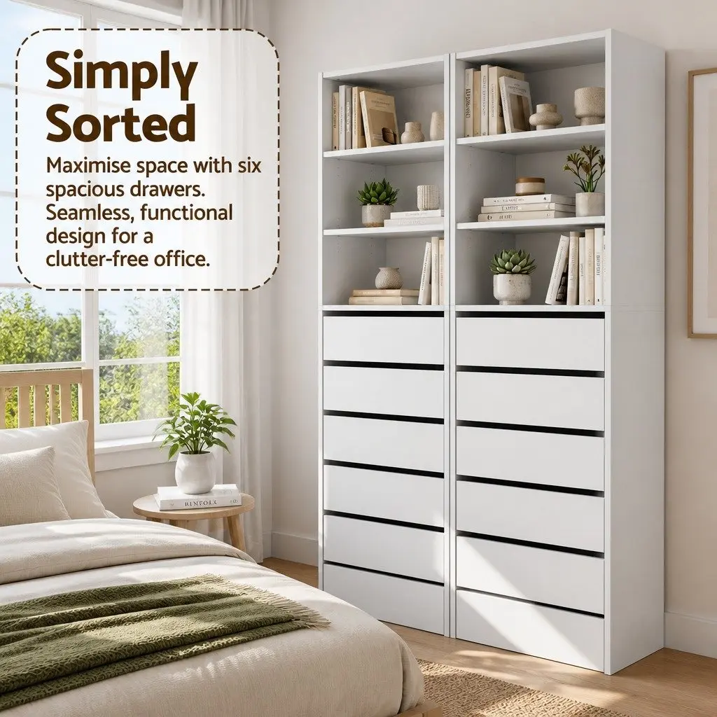 Chest of Drawers Particle Board 50.5cm W x 40cm D x 185cm H White 6 Drawer Storage Bedroom Furniture Set