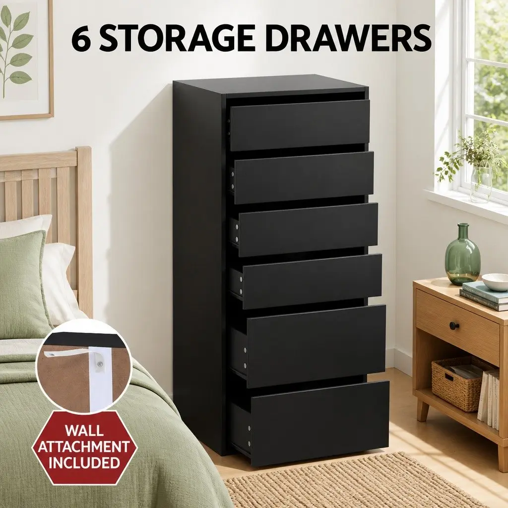 6 Drawer Chest of Drawers Particle Board 50.5cm W x 40cm D x 113cm H Black