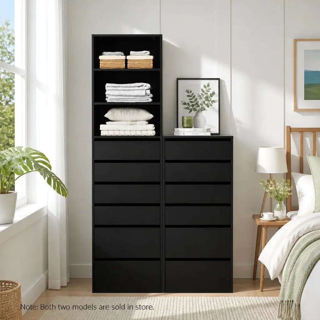 6 Drawer Chest of Drawers Particle Board 50.5cm W x 40cm D x 113cm H Black
