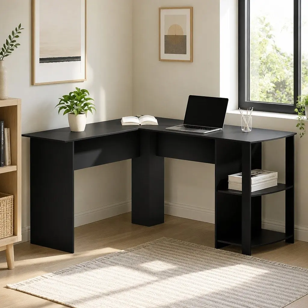 L-Shape Computer Desk with Open Shelves Black