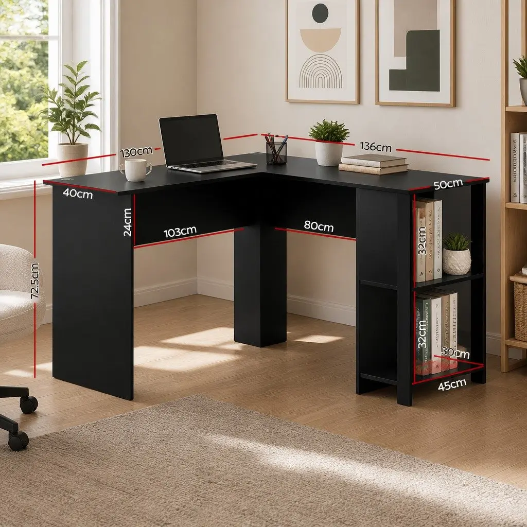 L-Shape Computer Desk with Open Shelves Black