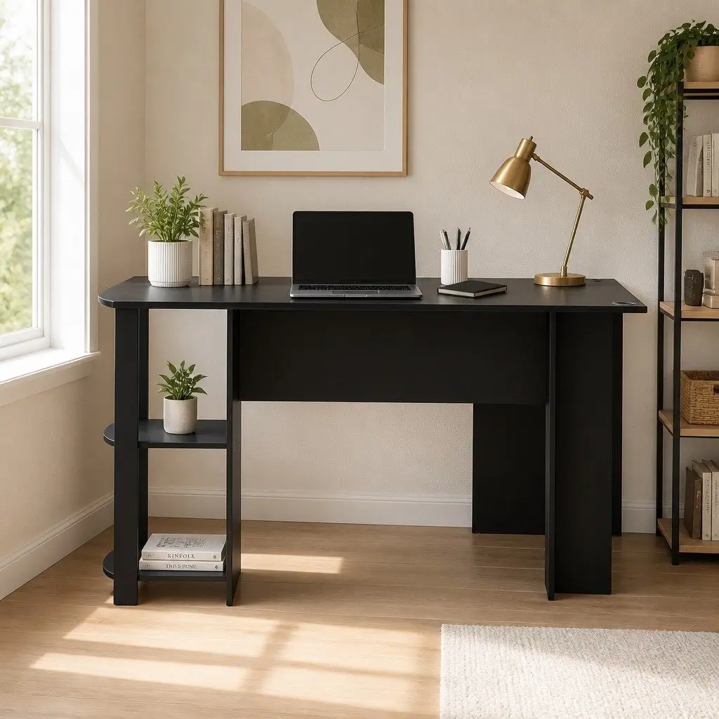L-Shape Computer Desk with Open Shelves Black