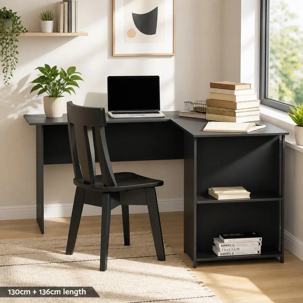 L-Shape Computer Desk with Open Shelves Black