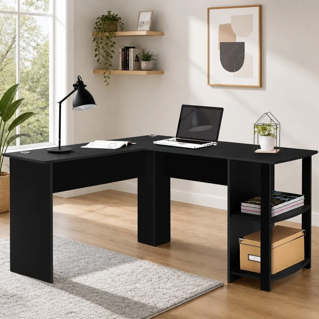 L-Shape Computer Desk with Open Shelves Black