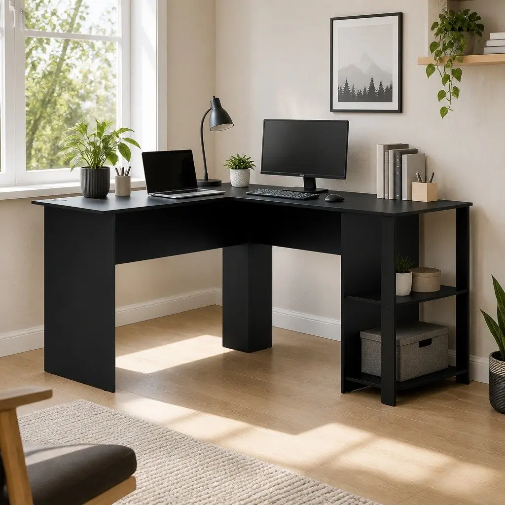L-Shape Computer Desk with Open Shelves Black