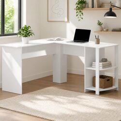 L-Shape Computer Desk with Open Shelves and Cable Management White 136cm Office