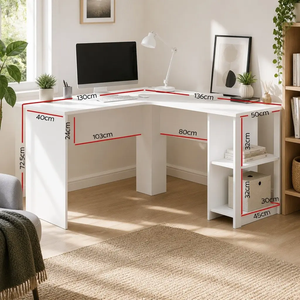 L-Shape Computer Desk with Open Shelves in White