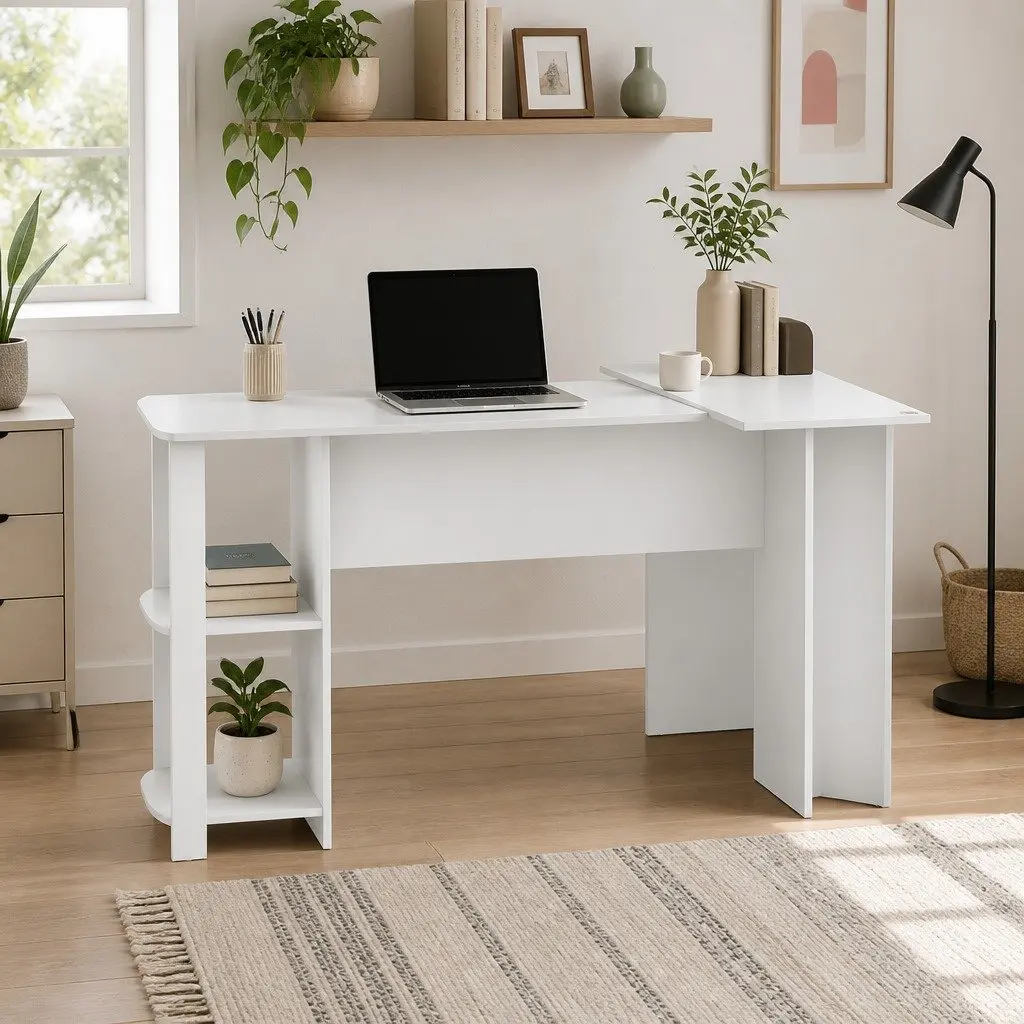 L-Shape Computer Desk with Open Shelves in White