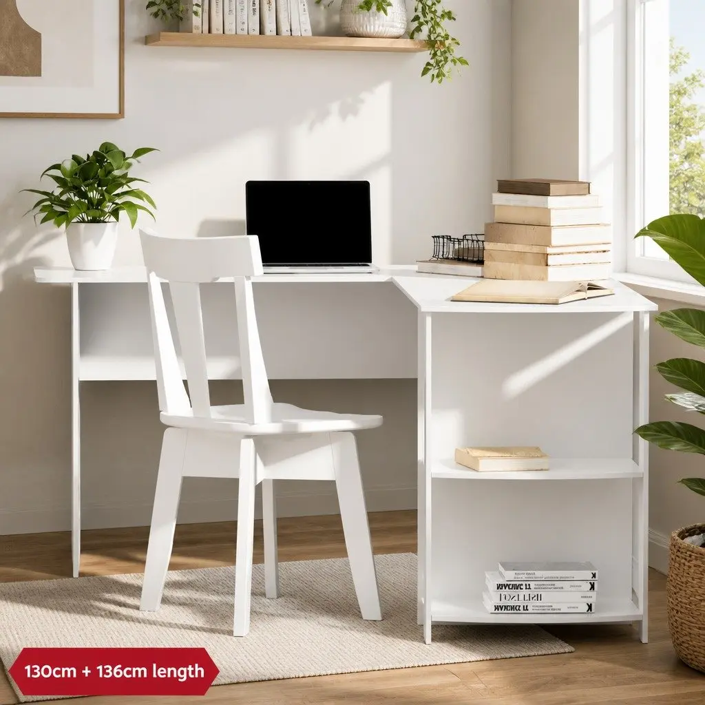L-Shape Computer Desk with Open Shelves in White
