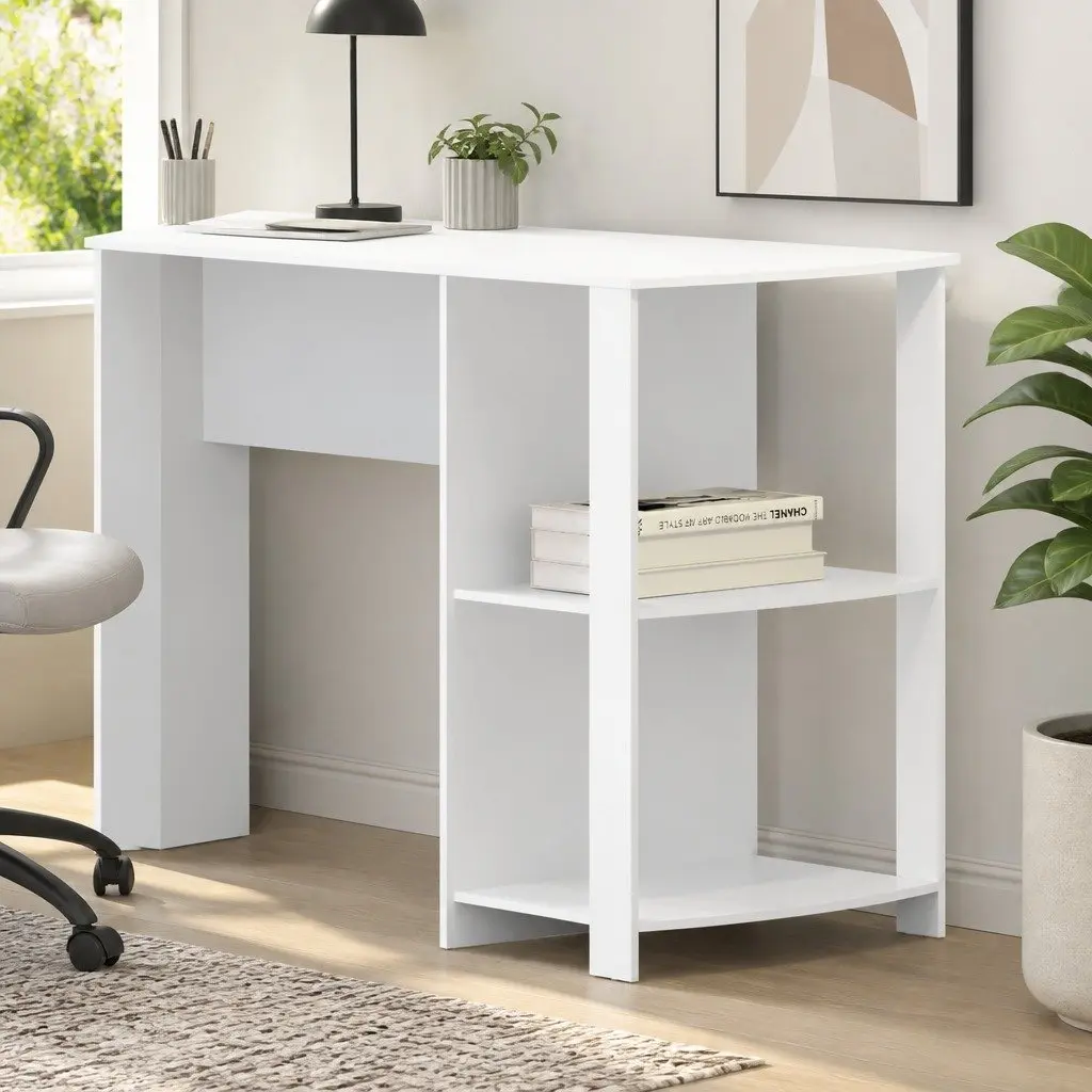 L-Shape Computer Desk with Open Shelves in White