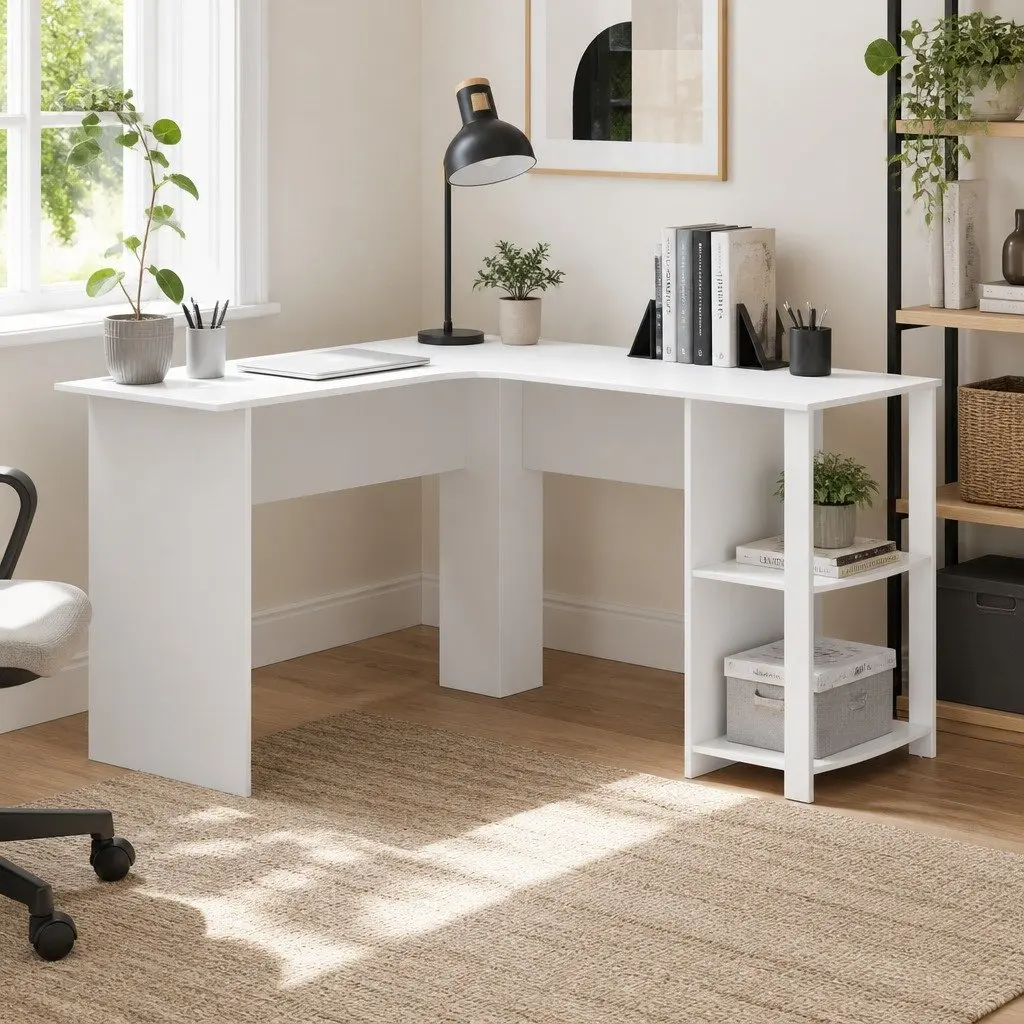 L-Shape Computer Desk with Open Shelves in White