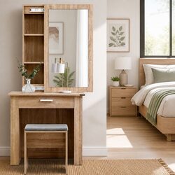 Dressing Table Stool Set Sliding Mirror Bedroom Vanity Storage Wood