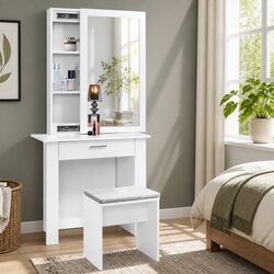 Stylish White Dressing Table Set with Sliding Mirror