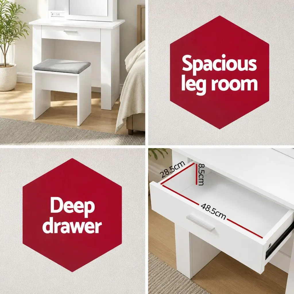 Dressing Table Set Particle Board 74cm x 40cm x 160cm White with Sliding Mirror and Padded Stool