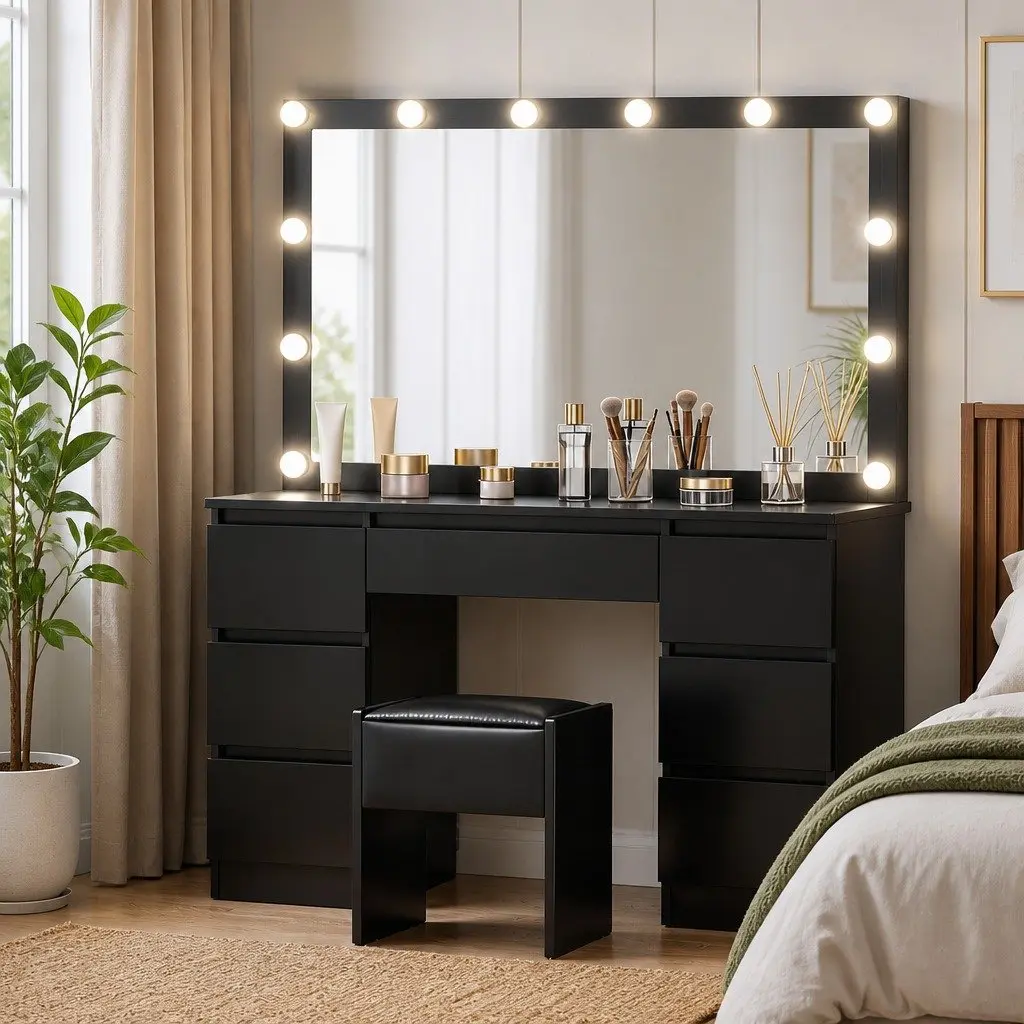 Black Dressing Table Set with LED Bulbs and Stool