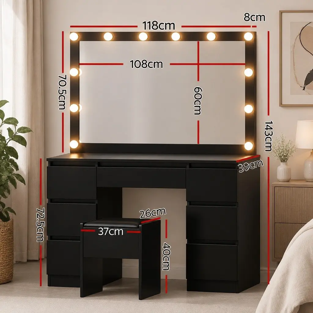 Dressing Table Vanity Desk Set Particle Board MDF with LED Bulbs Black 118cm x 39cm x 143cm
