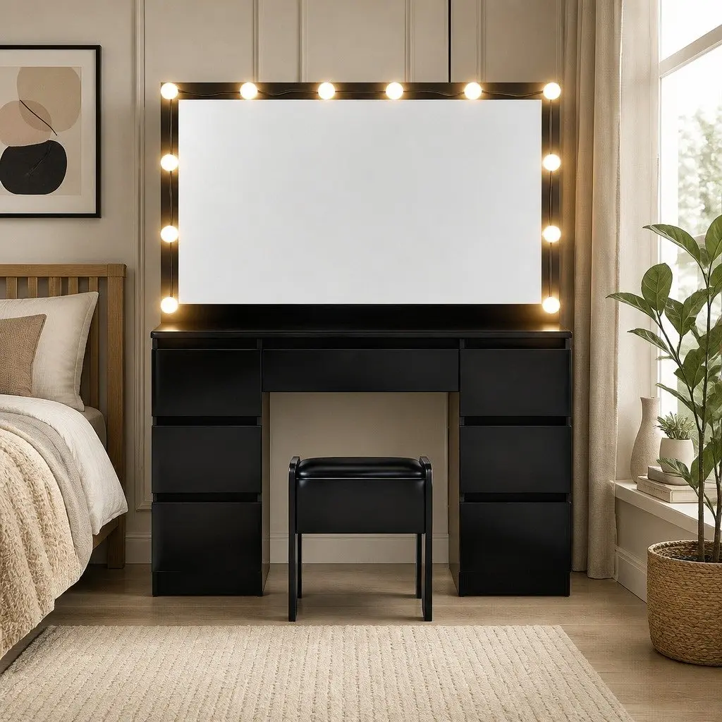 Dressing Table Vanity Desk Set Particle Board MDF with LED Bulbs Black 118cm x 39cm x 143cm