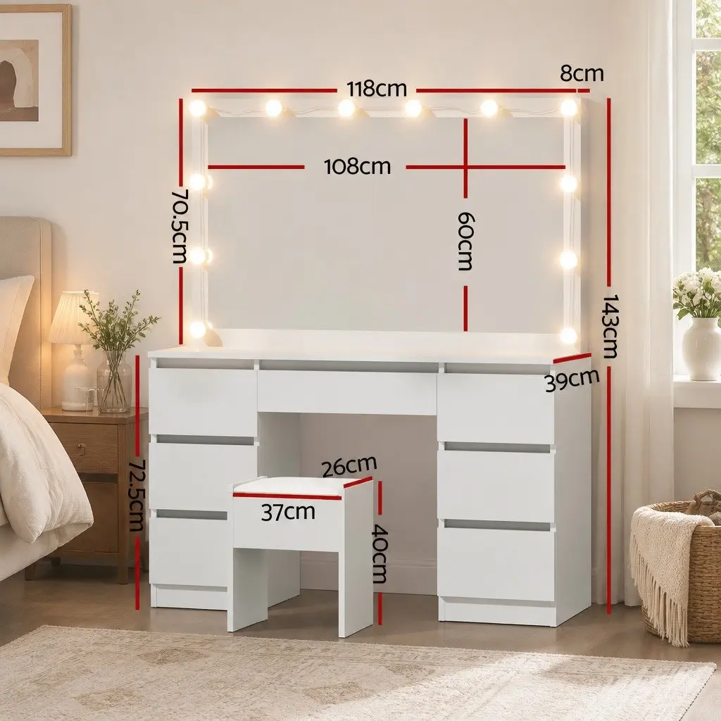 Dressing Table Vanity Desk Set MDF White 12 LED Bulbs Large Mirror Padded Stool