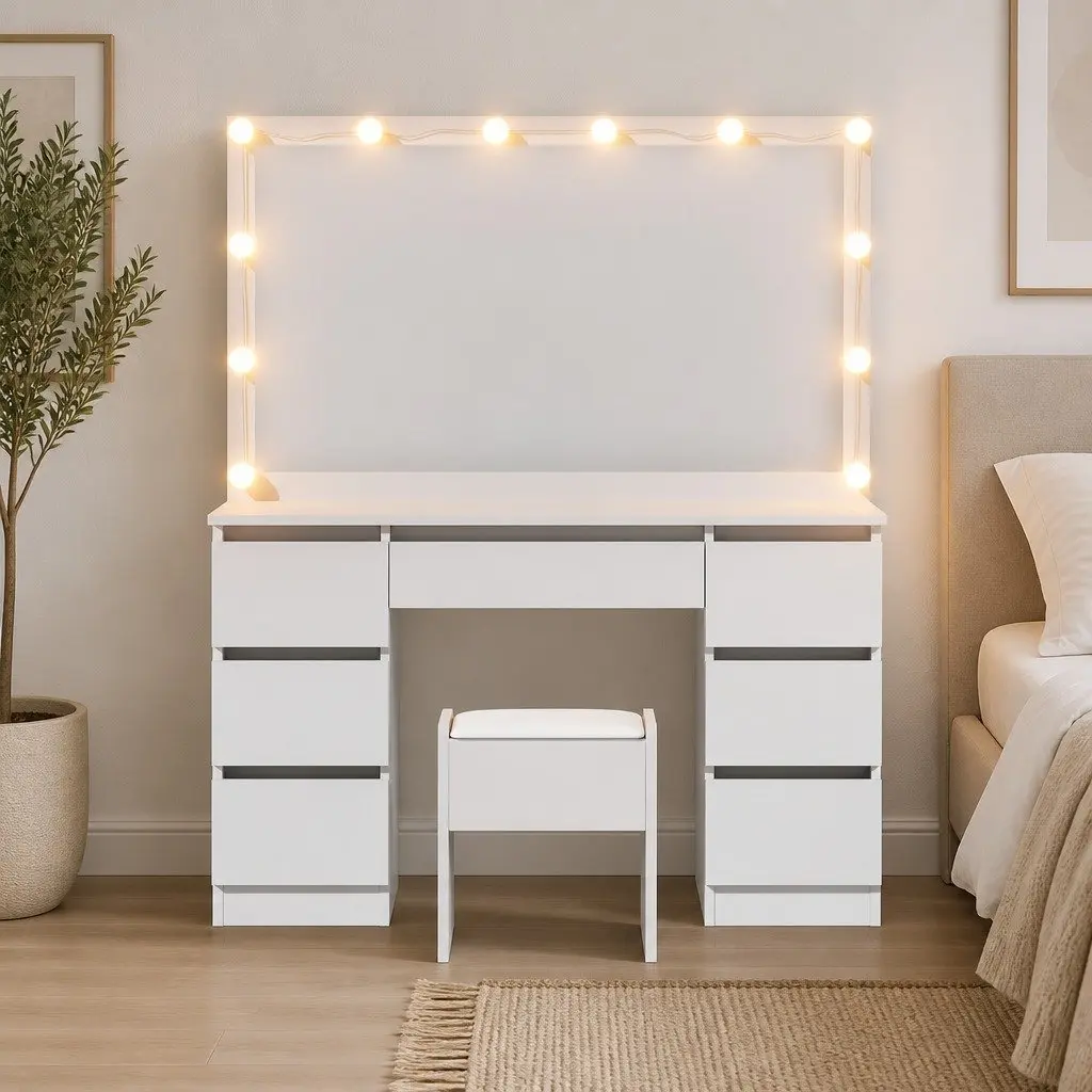 Dressing Table Vanity Desk Set MDF White 12 LED Bulbs Large Mirror Padded Stool