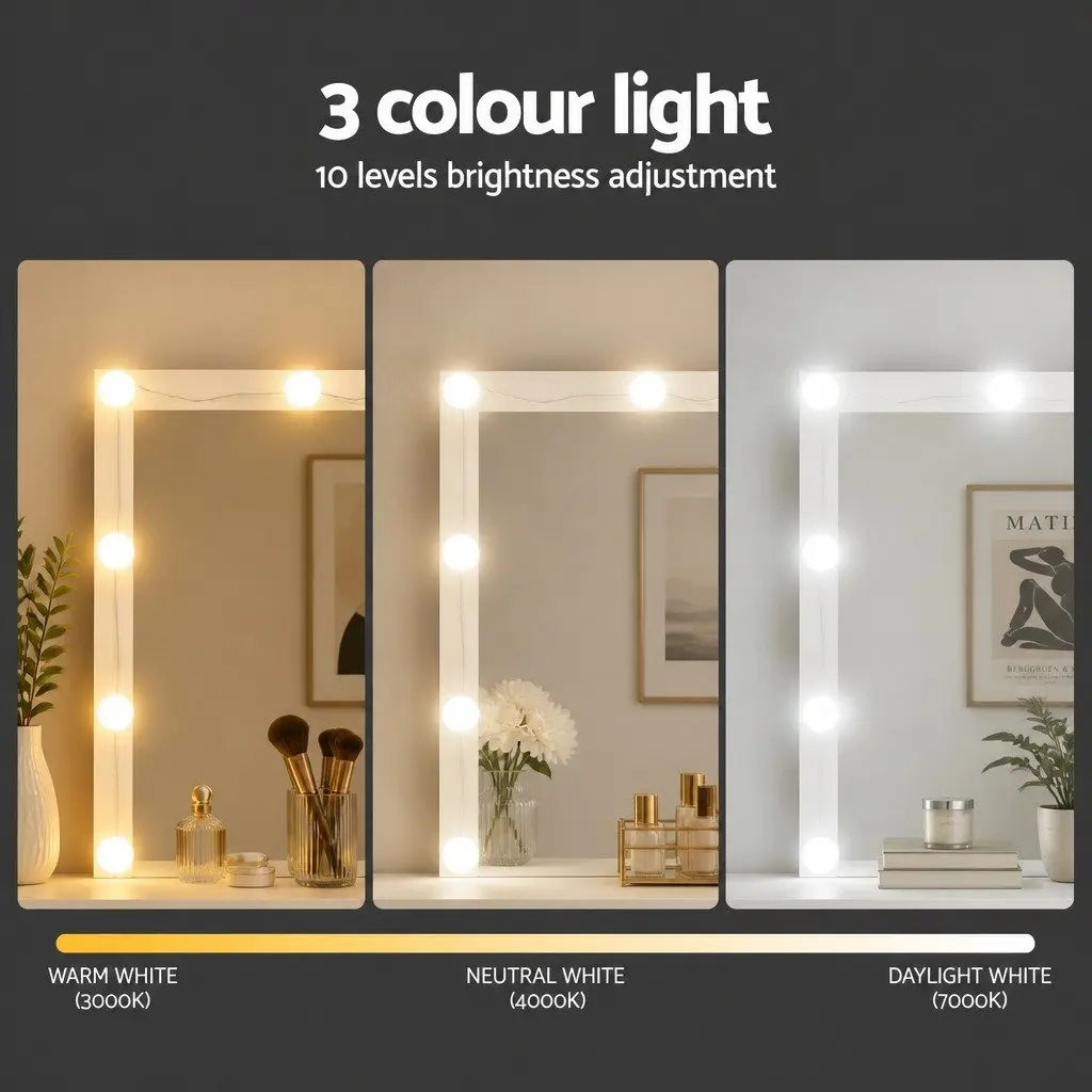 Dressing Table Vanity Desk Set MDF White 12 LED Bulbs Large Mirror Padded Stool