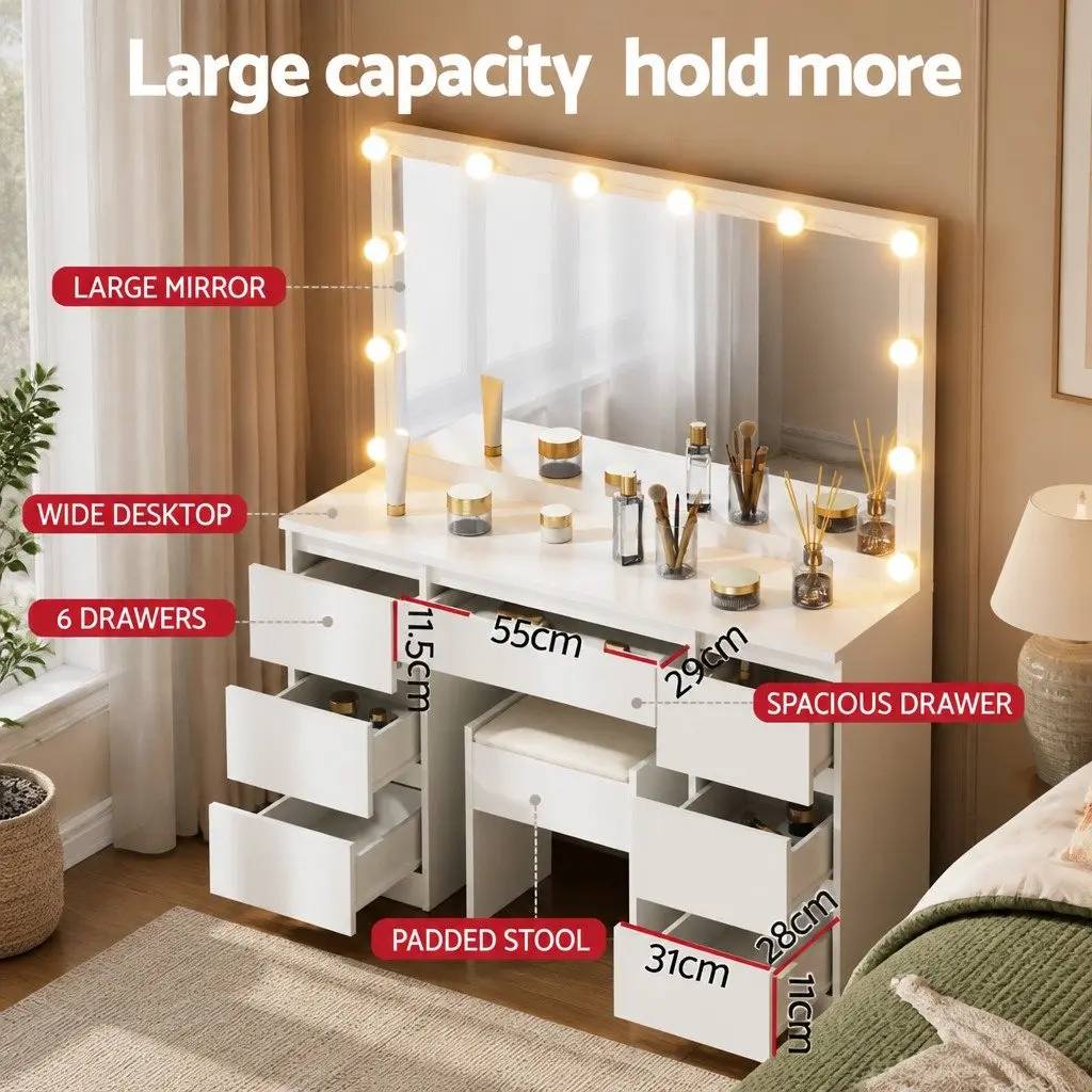 Dressing Table Vanity Desk Set MDF White 12 LED Bulbs Large Mirror Padded Stool