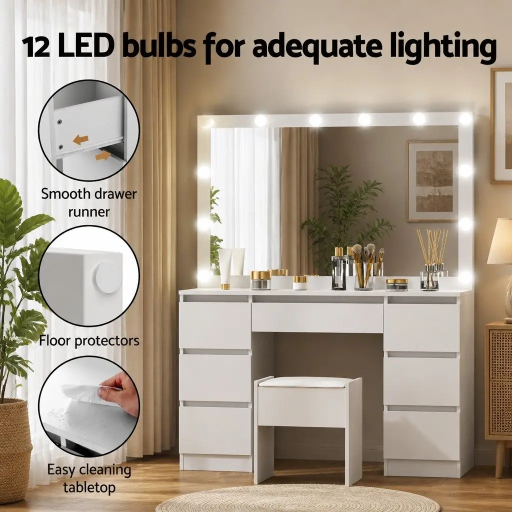Dressing Table Vanity Desk Set MDF White 12 LED Bulbs Large Mirror Padded Stool