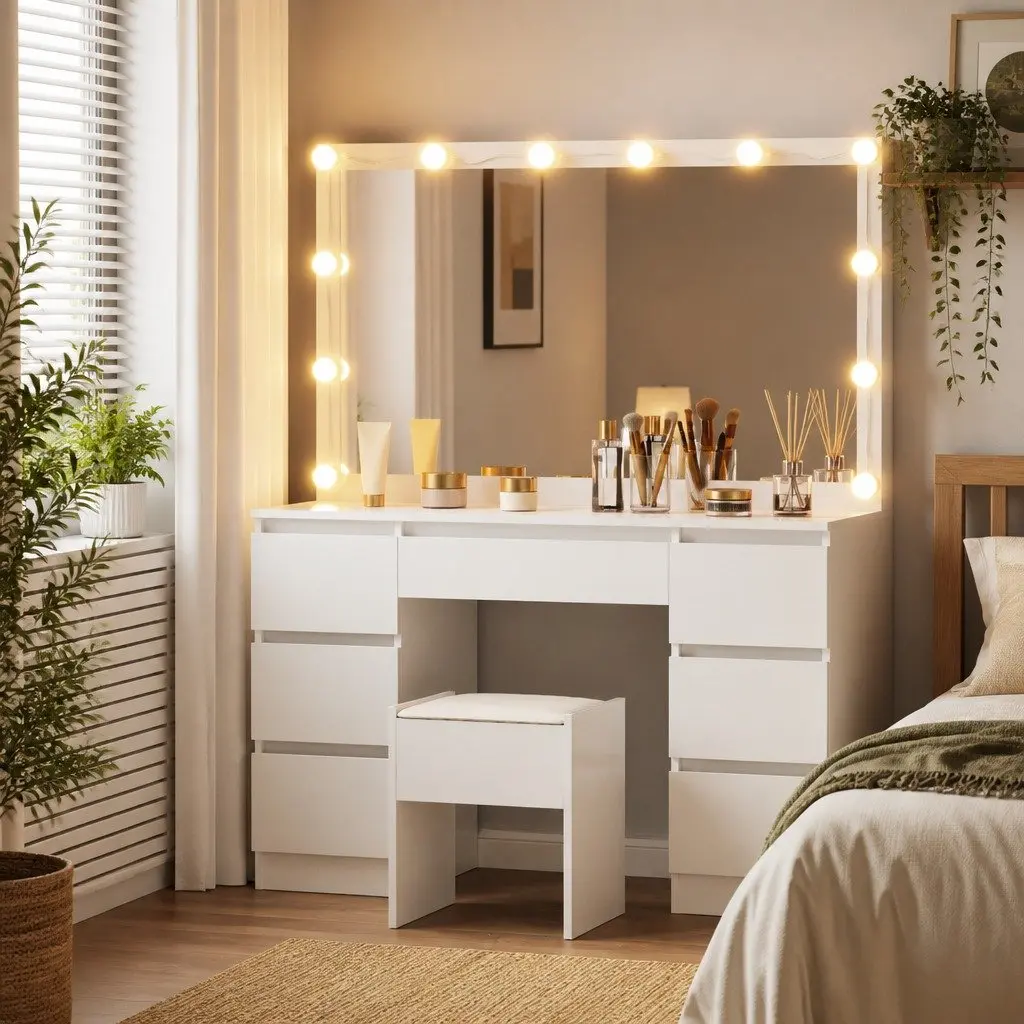 Dressing Table Vanity Desk Set MDF White 12 LED Bulbs Large Mirror Padded Stool